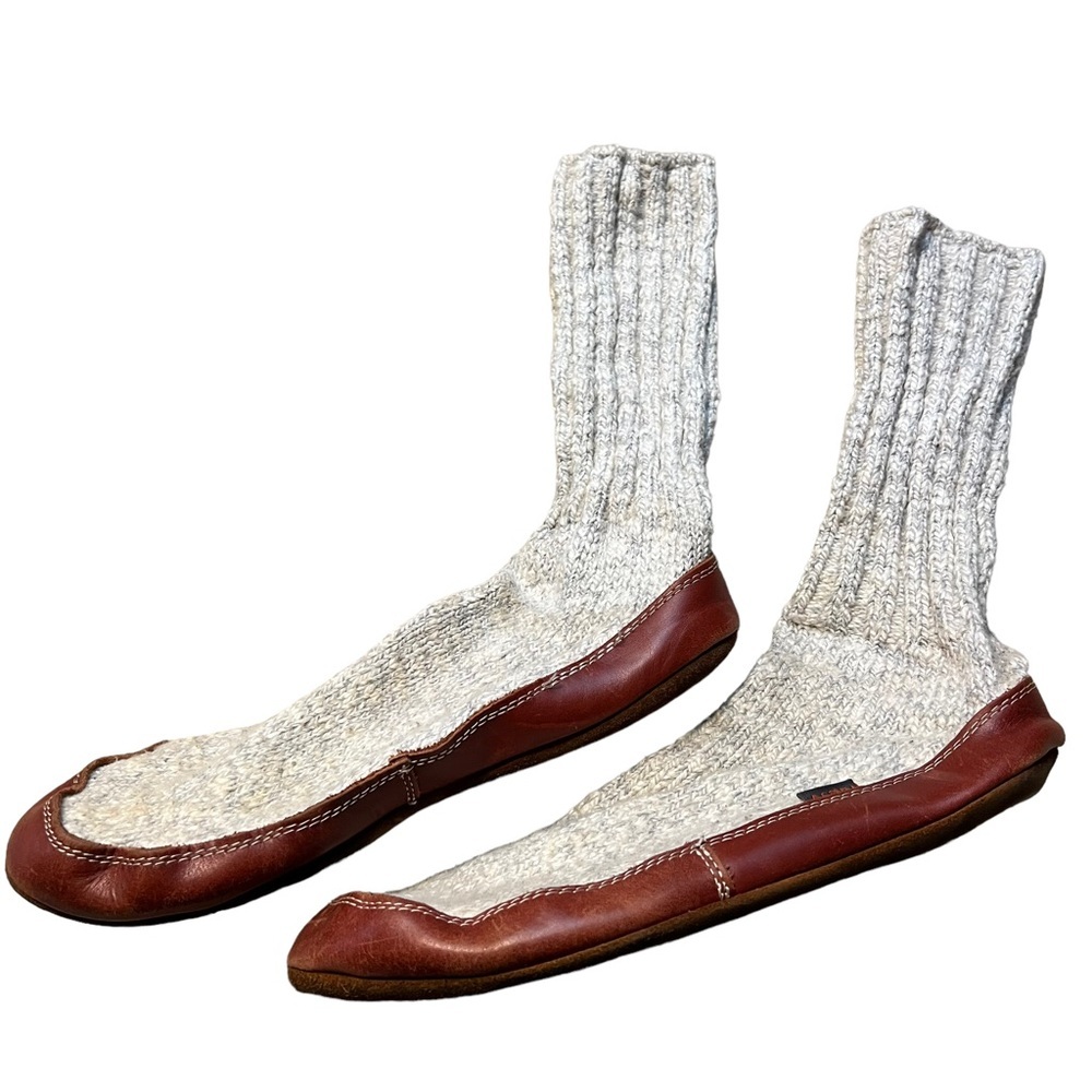 Acorn Knit Sock Slippers Tan with Leather Bottom Womens size 10.5